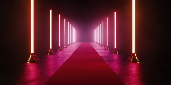 Futuristic neon light corridor with red carpet for event design