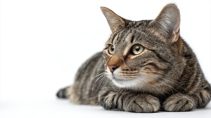 Fototapeta premium Studio portrait of a sitting tabby cat looking forward against a white back ground