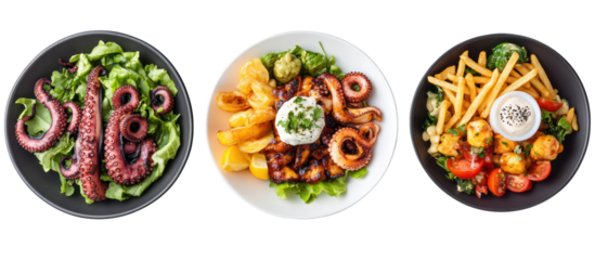 Three plates of seafood and fries isolated on transparent background