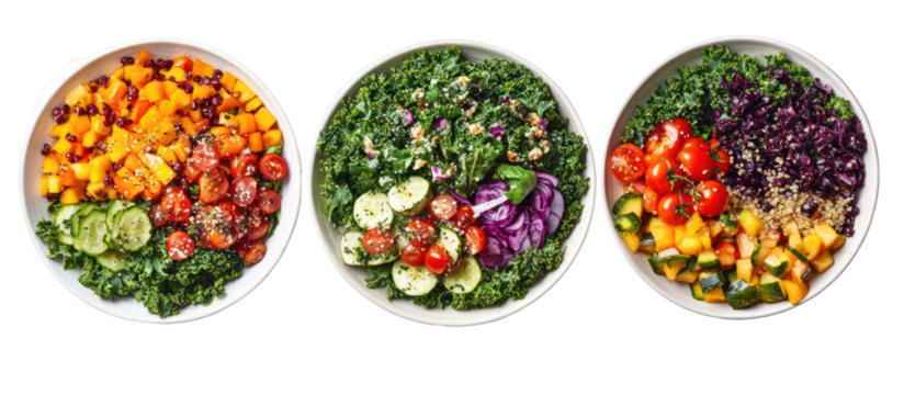 Three oval platters of colorful healthy food isolated on transparent background
