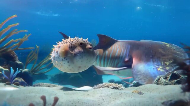 A large fish hits a puffer fish which suddenly inflates, causing it to flee.