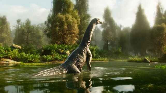 3D paleoart: A long-necked dinosaur swims serenely through a misty, sun-dappled lake surrounded by lush forest, evoking a prehistoric idyll.