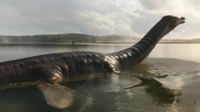 A long-necked plesiosaur, like a prehistoric reptile, emerges partially from calm lake waters under a cloudy sky near wooded shores. Paleoart video portrait. 