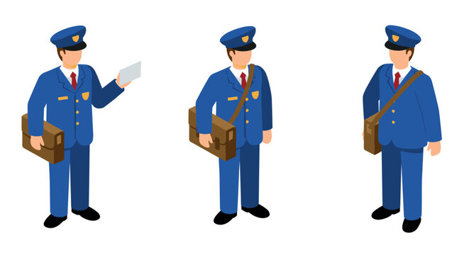 Isometric mail carrier in uniform with bag and envelope in various poses
