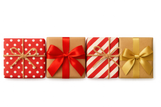 Gifts and presents in various wrapping paper and ribbons, celebrating holidays, birthdays, and special occasions