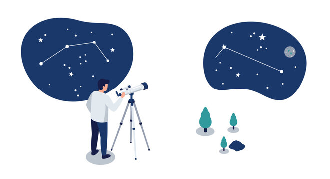 Isometric astronomy scene with stargazer exploring night sky constellations