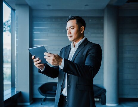 Professional Asian financial analyst in a formal suit, standing in a modern office and intently reviewing data on a digital tablet.