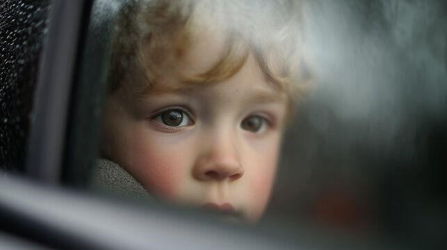 Little boy observing outside from inside a vehicle on a rainy day