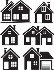 Collection of House Icons in Black Silhouette Style for Real Estate and Home Concepts