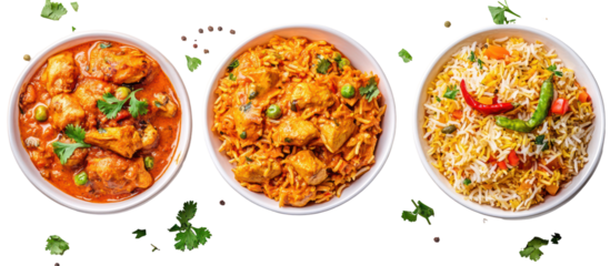 Three oval bowls of indian food isolated on transparent background