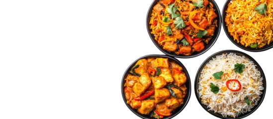 Four bowls of indian food isolated on transparent background