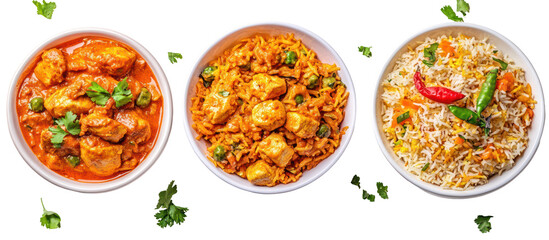 Three oval bowls of indian food isolated on transparent background