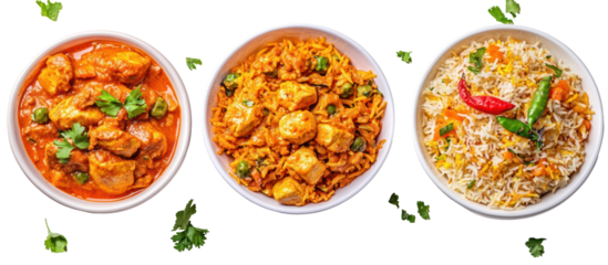 Three oval bowls of indian food isolated on transparent background