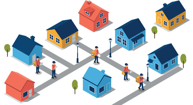 Isometric delivery network couriers navigating suburban streets with packages