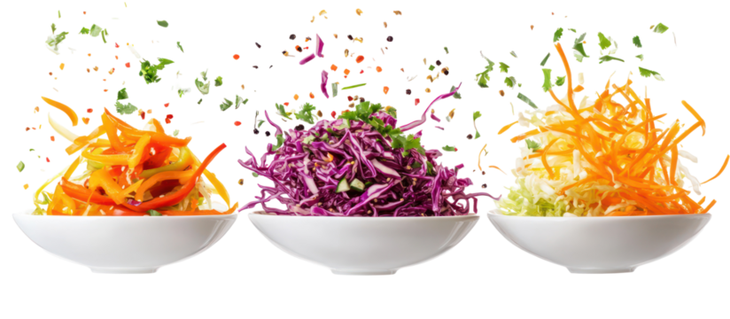 Three bowls of colorful shredded vegetables isolated on transparent background