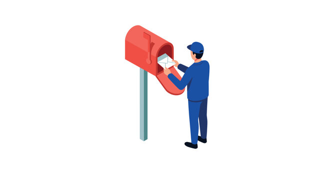 Isometric mailman delivering letter to red mailbox on bright day