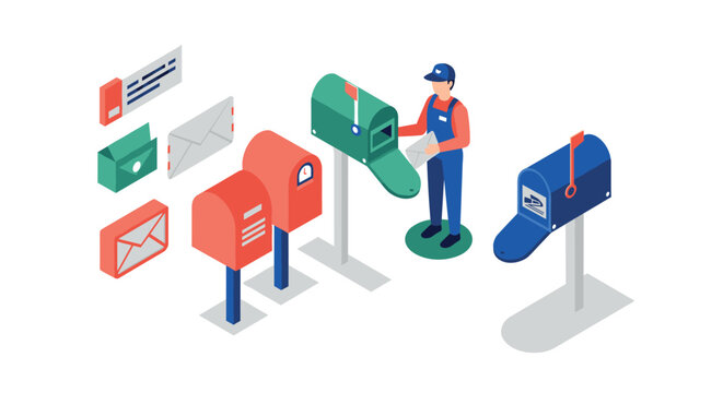 Isometric mail delivery scene with diverse mailboxes and postal worker
