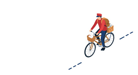 Fototapeta premium Isometric bicycle courier delivering packages on a minimalist roadway background