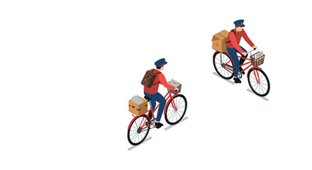 Naklejka premium Isometric bicycle delivery workers in red uniforms with packages