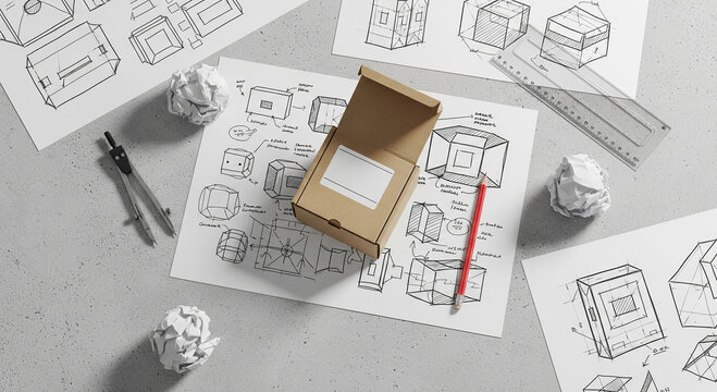 Top view of a box on a table with sketches, crumpled paper and drawing tools, showcasing the design process and creative workspace