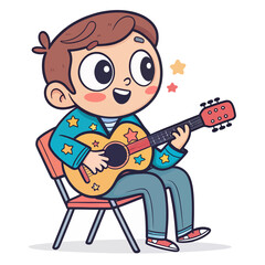 Happy cartoon boy playing guitar and singing happily