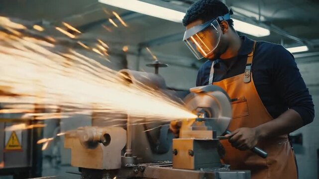 Sparks of Precision: A skilled artisan, clad in protective gear, meticulously shapes metal with a grinding wheel, a shower of bright sparks illuminating the workshop.