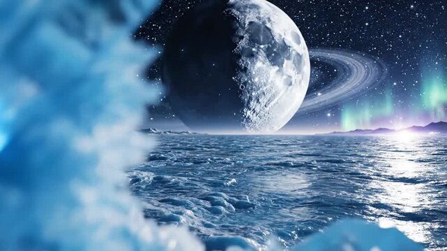 Mysterious blue alien planet landscape under starry sky with icy ocean and glowing crystals, aurora and moon rings reflect calm night