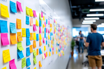 A vibrant workspace featuring a wall covered in colorful sticky notes, reflecting brainstorming and collaborative ideas.