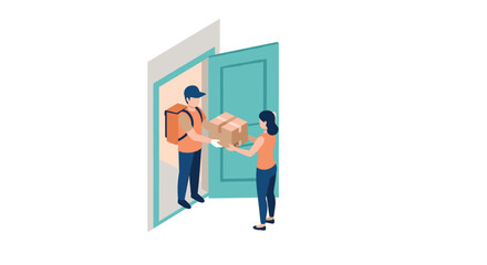 Isometric delivery service courier handing package to customer at doorstep