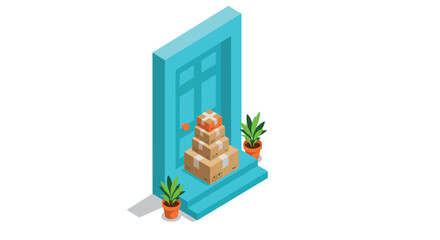 Isometric delivery boxes at doorstep with potted plants on blue entrance background