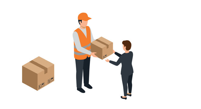 Isometric delivery service concept with worker and customer interacting with parcel