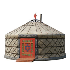Traditional Mongolian yurt with decorative entrance  showcasing nomadic culture, isolated on white, transparent background