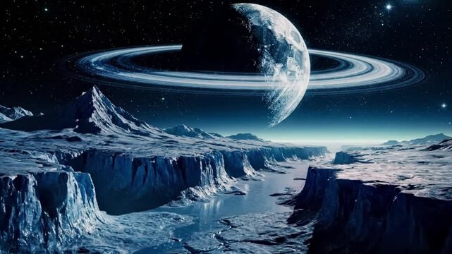 Mysterious blue alien planet landscape under night sky and stars with ringed moon, icy canyons, frozen rivers, rugged glacier cliffs, serene wonder