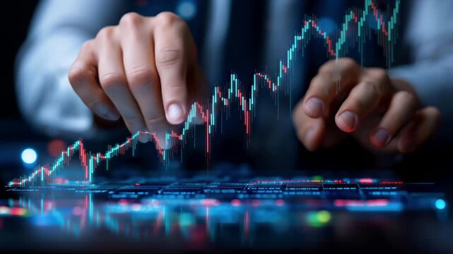 businessman analyzing digital stock market data touching virtual screen with glowing financial charts and graphs in futuristic dark office