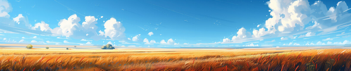 Naklejka premium ripe golden wheat field stretching to the horizon beneath a bright blue sky with fluffy clouds. Generative ai raster illustration. Wide banner image