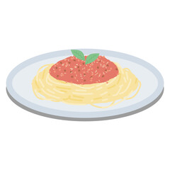 Vector illustration of spaghetti with meat sauce and basil leaves
