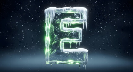 Icy letter e illuminated by vibrant green light, perfect for technological concepts and creative designs.