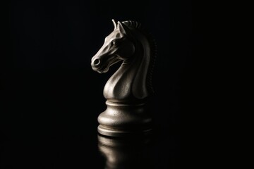 Fototapeta premium White Gold Knight Chess Piece on Black Background – Symbol of Strategy, Intelligence and Elegance
