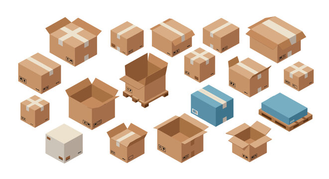 Isometric cardboard boxes and packages on white background