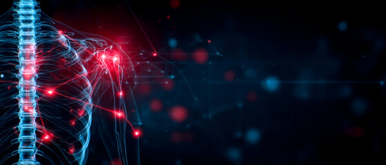 A digital representation of a human shoulder and spine, highlighted by glowing lines and dots, suggesting a focus on anatomy and technology.