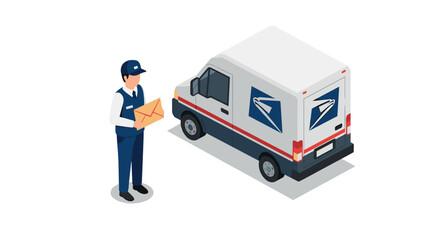 Postal worker in uniform holding envelope beside delivery van in isometric style