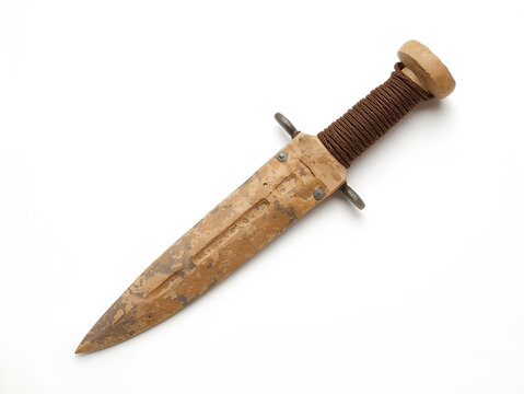 Vintage Wooden Handle Dagger with Ornamental Blade on White Background - Powered by Adobe