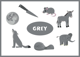 Learn the grey color. Education set of one color objects. Vector flat illustration for posters, worksheets and activities for kids.