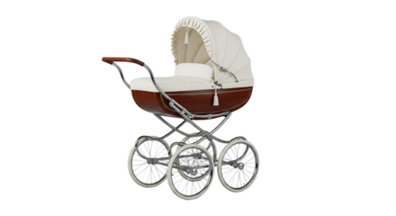 Vintage Brown Baby Carriage with White Canopy and Wheels Isolated on Transparent Background Classic Pram