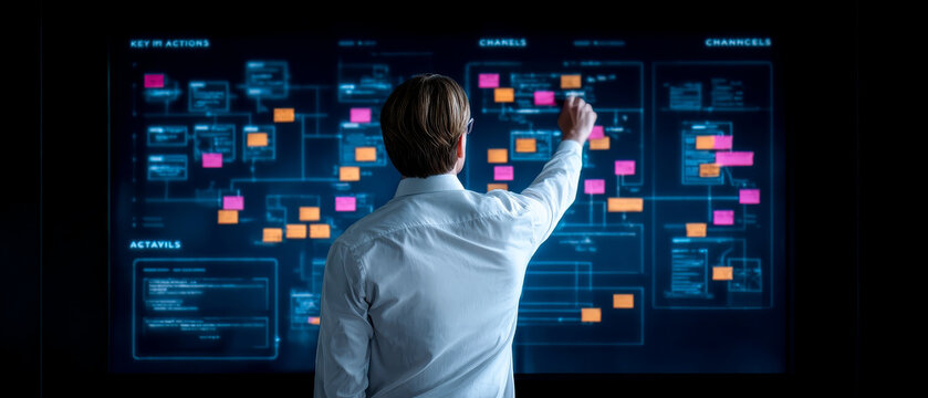 A person interacts with a digital display, analyzing flowcharts and data visualizations with sticky notes, emphasizing collaboration and strategy. - Powered by Adobe