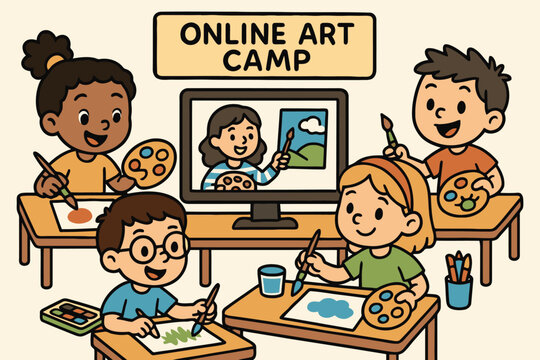 Children happily engage in an online art camp class learning to paint