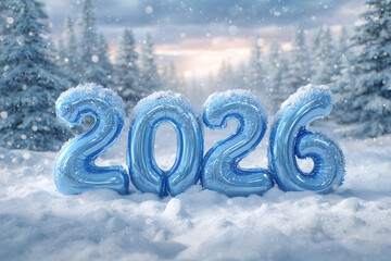 Happy New Year 2026 : Festive Blue Number Balloons in a Snowy Winter Wonderland Forest