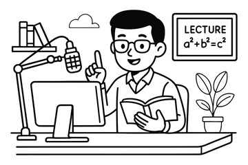 Fototapeta premium Smiling male teacher giving online lecture from home with books and computer