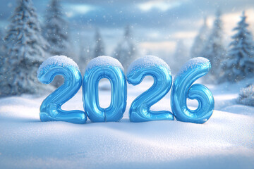 Happy New Year 2026 : Festive Blue Number Balloons in a Snowy Winter Wonderland Forest