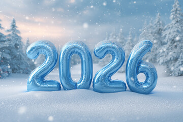 Happy New Year 2026 : Festive Blue Number Balloons in a Snowy Winter Wonderland Forest